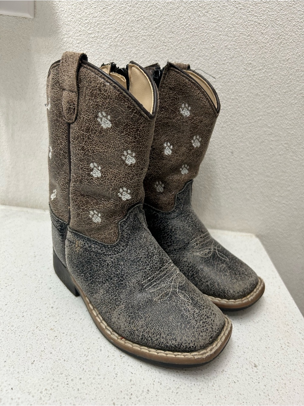 Kids Brown Paw-Print Cowboy Boots